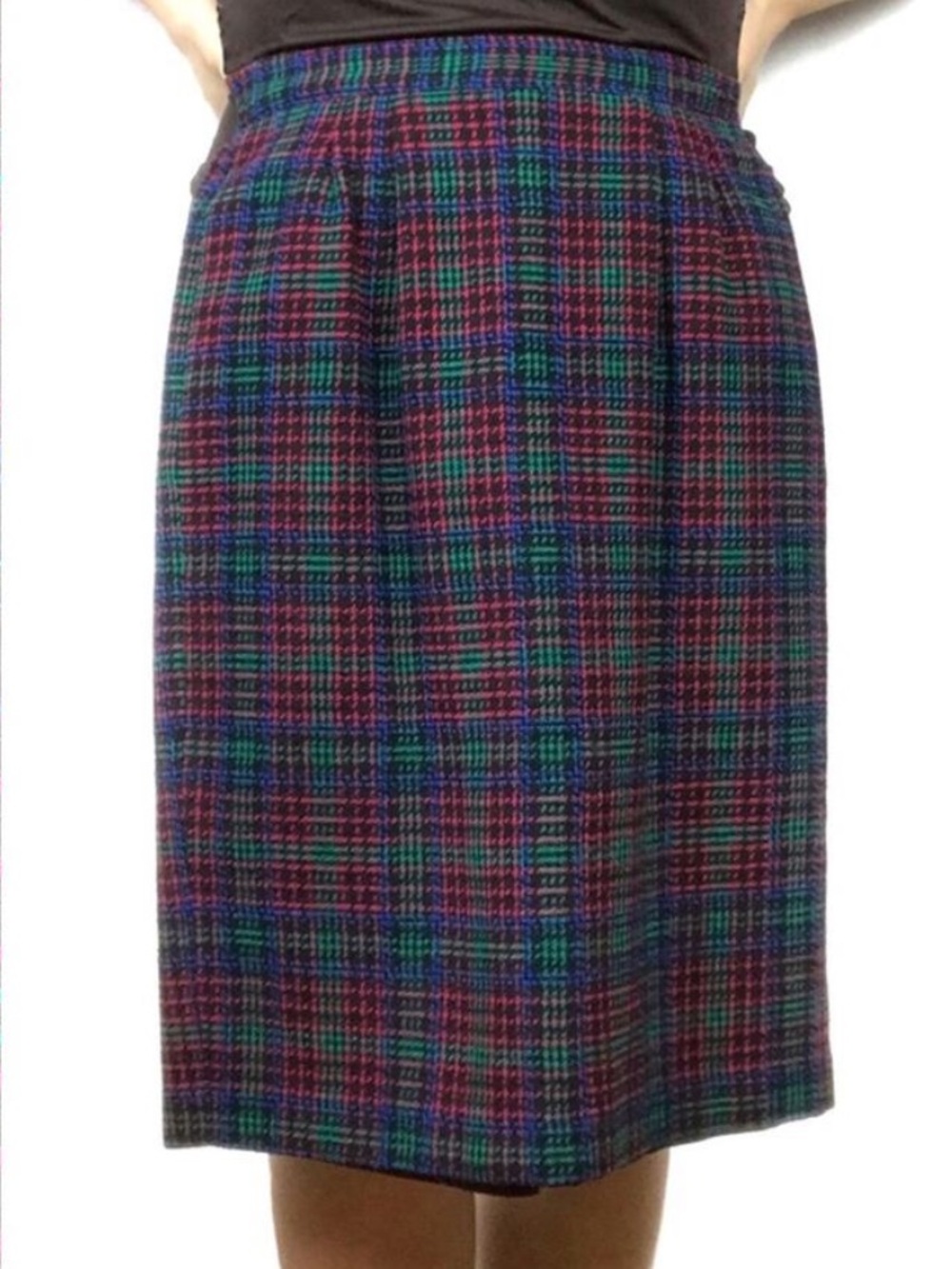Vintage Joan Leslie Tweed Skirt Wool Blend Pink Green Blue Plaid Retro Skirt 6P